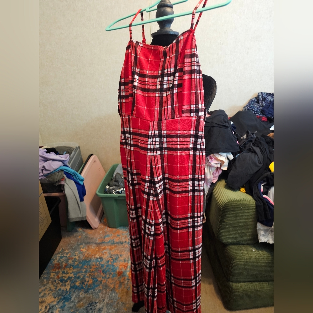 Chic Red Plaid Jumpsuit
